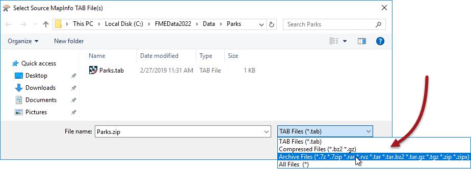 Selecting archive formats in the file filter